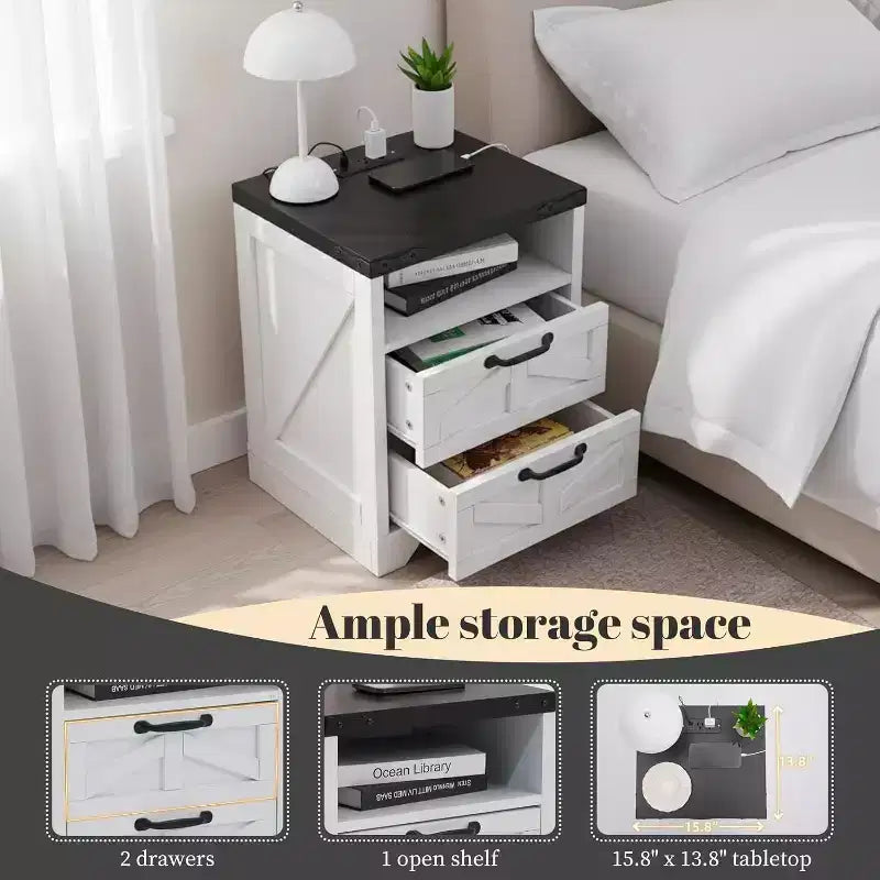 Farmhouse Nightstand with Charging Station, 2 Drawer Rustic End Table with USB Ports and Outlets, Industrial Bedside Table