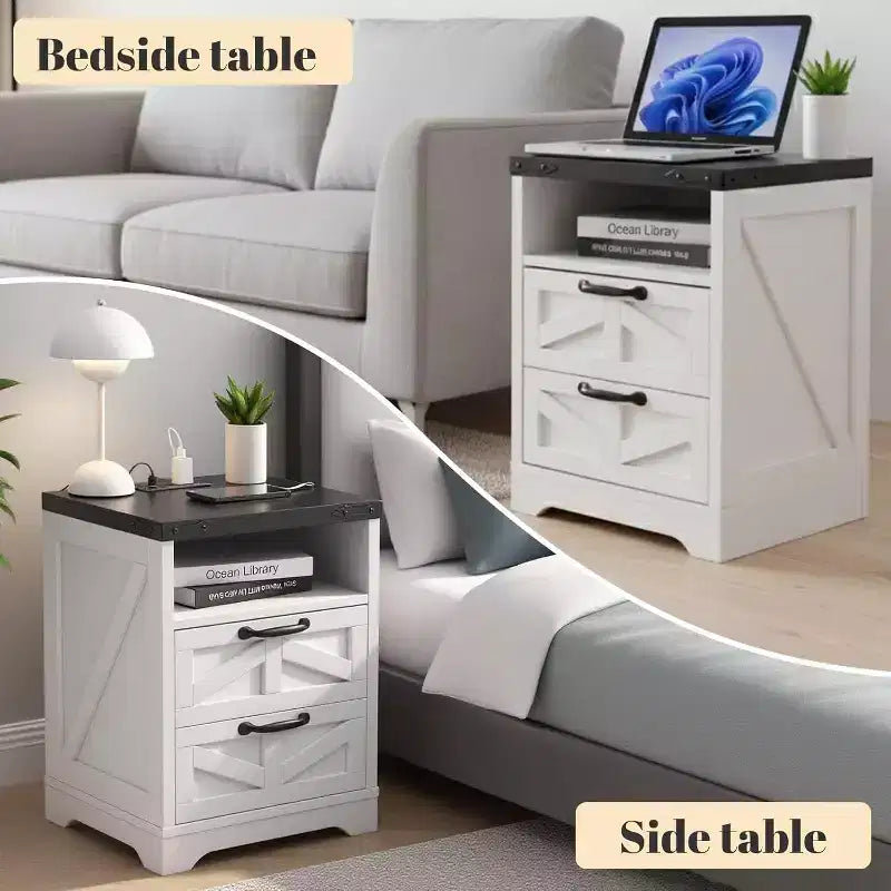 Farmhouse Nightstand with Charging Station, 2 Drawer Rustic End Table with USB Ports and Outlets, Industrial Bedside Table