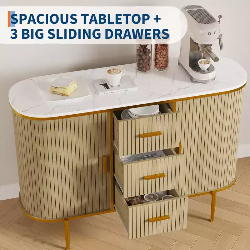 47 Mid-Century Modern Sideboard Buffet Cabinet, Storage Cabinet with Fluted Design, 3 Drawers & Metal Legs for Dining Room Living Room Entryway