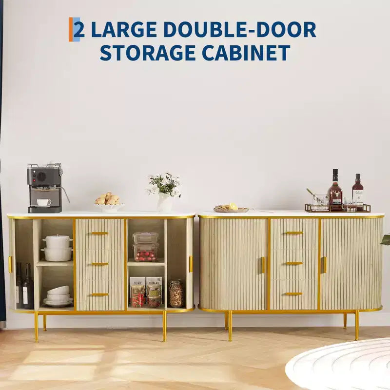 47 Mid-Century Modern Sideboard Buffet Cabinet, Storage Cabinet with Fluted Design, 3 Drawers & Metal Legs for Dining Room Living Room Entryway