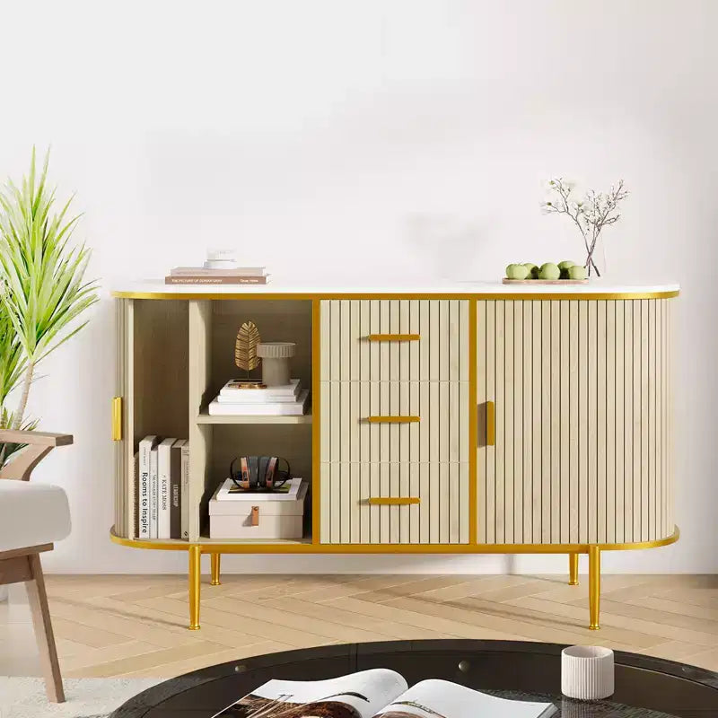 47 Mid-Century Modern Sideboard Buffet Cabinet, Storage Cabinet with Fluted Design, 3 Drawers & Metal Legs for Dining Room Living Room Entryway
