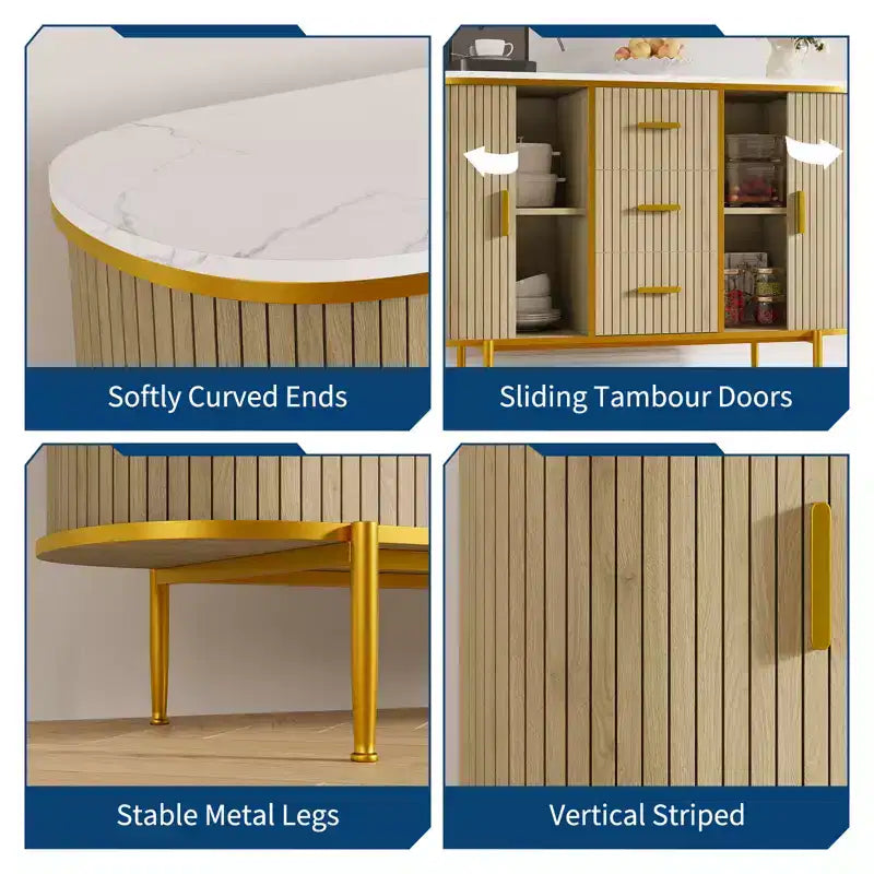 47 Mid-Century Modern Sideboard Buffet Cabinet, Storage Cabinet with Fluted Design, 3 Drawers & Metal Legs for Dining Room Living Room Entryway