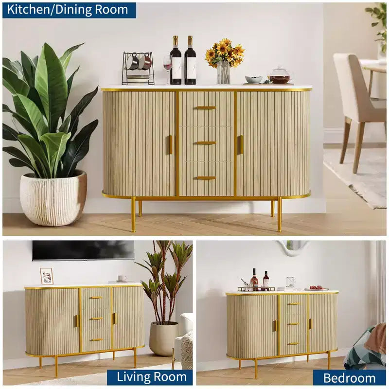 47 Mid-Century Modern Sideboard Buffet Cabinet, Storage Cabinet with Fluted Design, 3 Drawers & Metal Legs for Dining Room Living Room Entryway