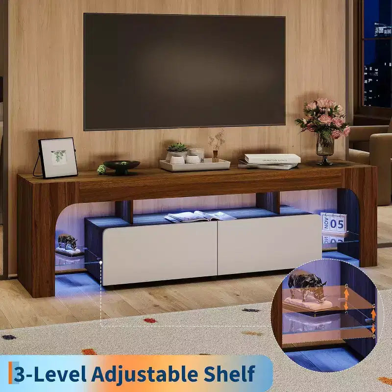 TV Stand with LED Lights for 50-75 Inch TVs, Modern Media Console with Large Storage Drawer, Entertainment Center for Living Room Bedroom - Walnut