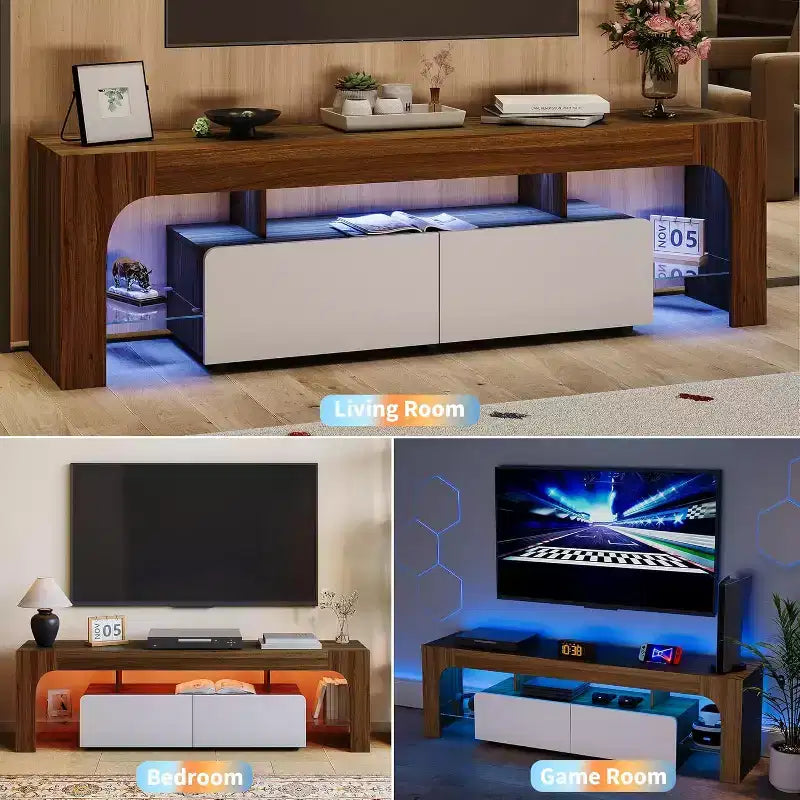 TV Stand with LED Lights for 50-75 Inch TVs, Modern Media Console with Large Storage Drawer, Entertainment Center for Living Room Bedroom - Walnut