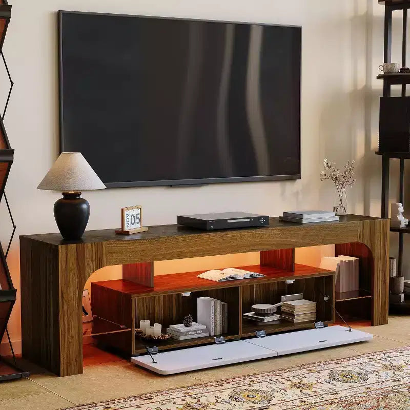 TV Stand with LED Lights for 50-75 Inch TVs, Modern Media Console with Large Storage Drawer, Entertainment Center for Living Room Bedroom - Walnut