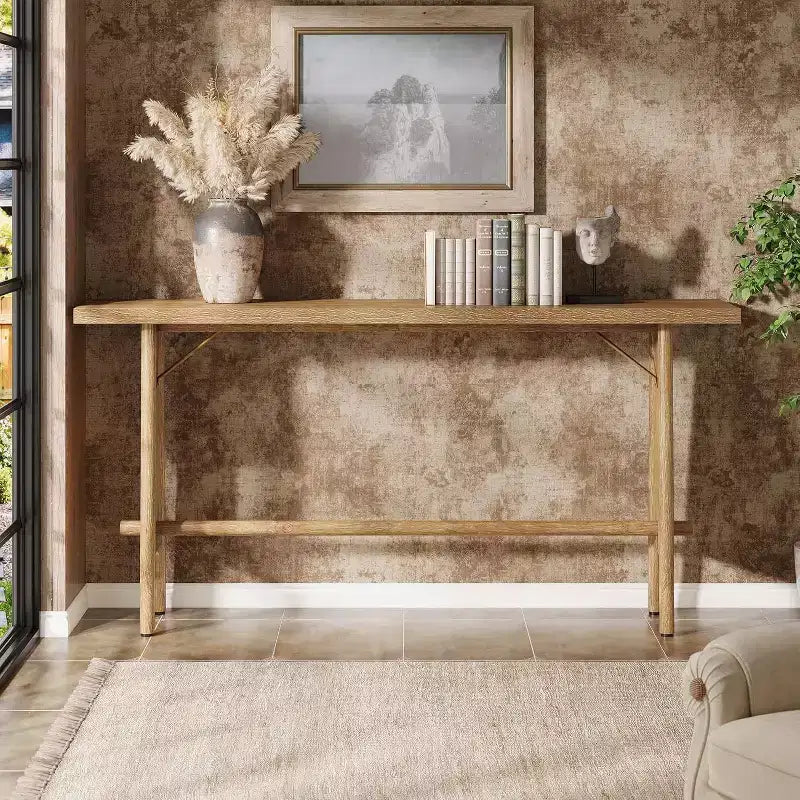 63" Modern Console Table with Metal Legs, Wooden Sofa Console for Entrance, Hallway, Living Room, Natural Brown