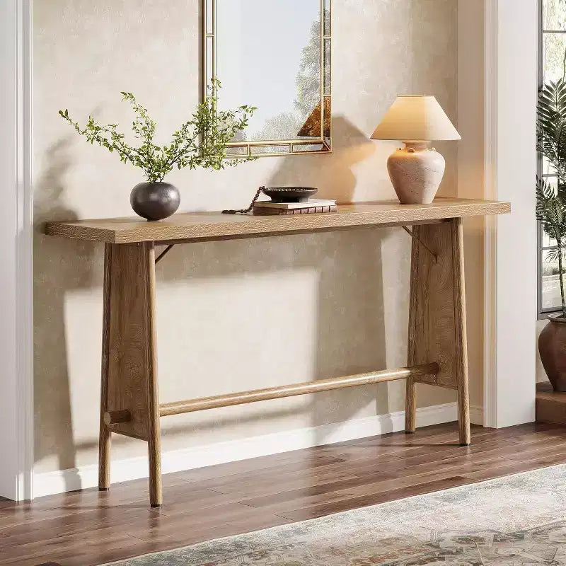 63" Modern Console Table with Metal Legs, Wooden Sofa Console for Entrance, Hallway, Living Room, Natural Brown