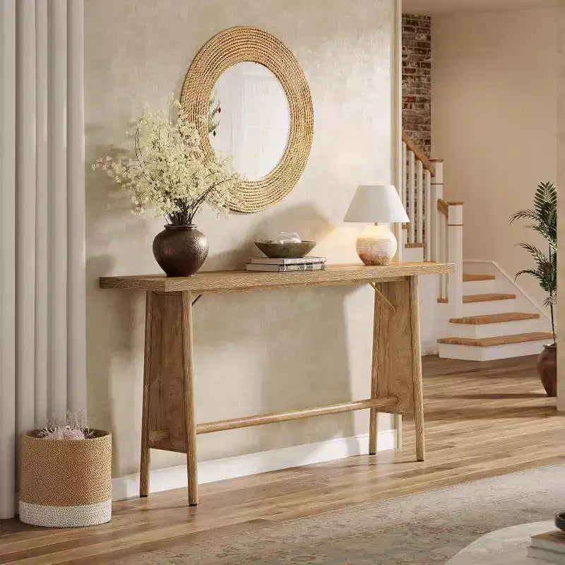 63" Modern Console Table with Metal Legs, Wooden Sofa Console for Entrance, Hallway, Living Room, Natural Brown