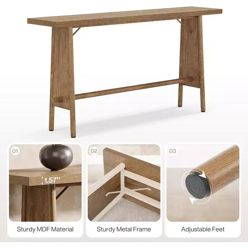 63" Modern Console Table with Metal Legs, Wooden Sofa Console for Entrance, Hallway, Living Room, Natural Brown