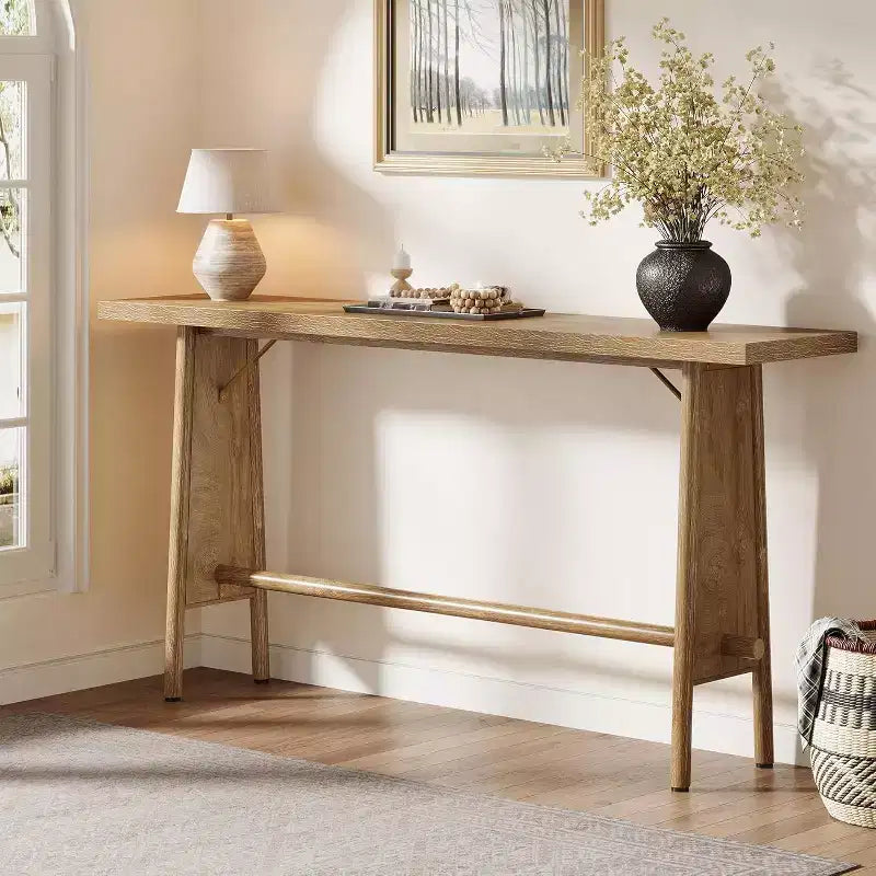 63" Modern Console Table with Metal Legs, Wooden Sofa Console for Entrance, Hallway, Living Room, Natural Brown