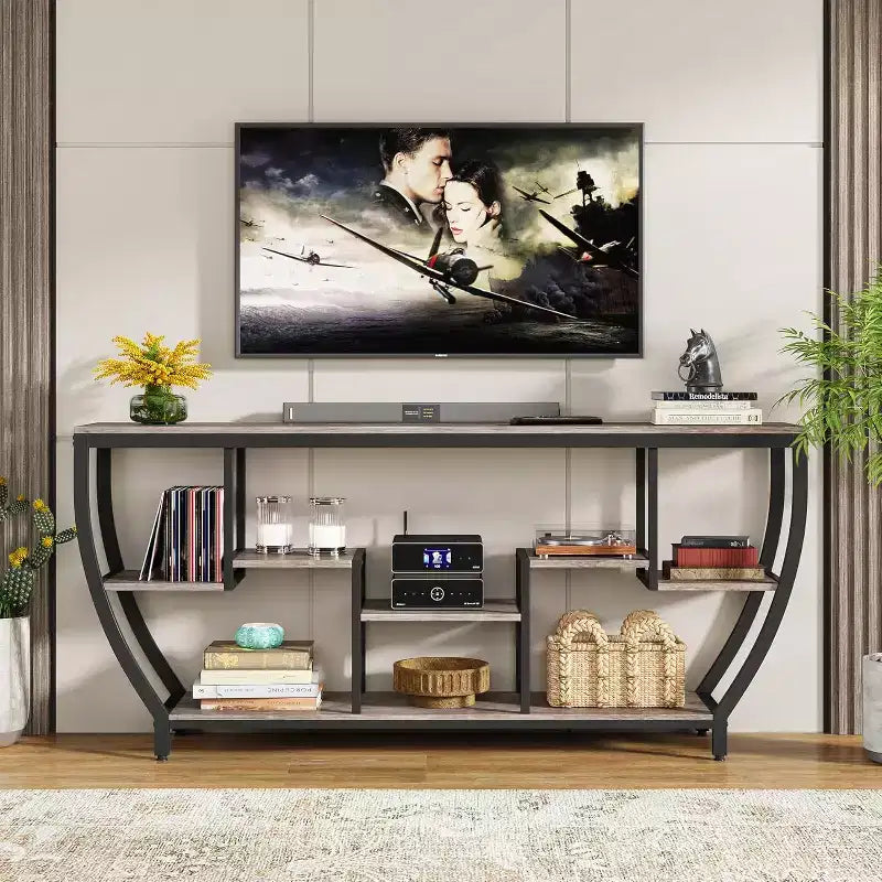 70.9-Inch Rustic Industrial Sofa Table with Shelves, Console Table and TV Stand for Living Room, Hallway, Foyer, Grey