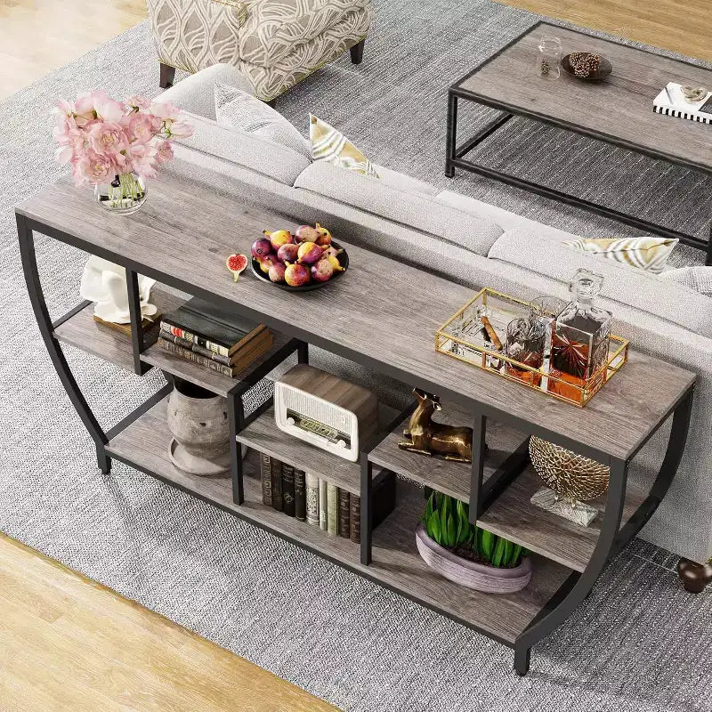 70.9-Inch Rustic Industrial Sofa Table with Shelves, Console Table and TV Stand for Living Room, Hallway, Foyer, Grey