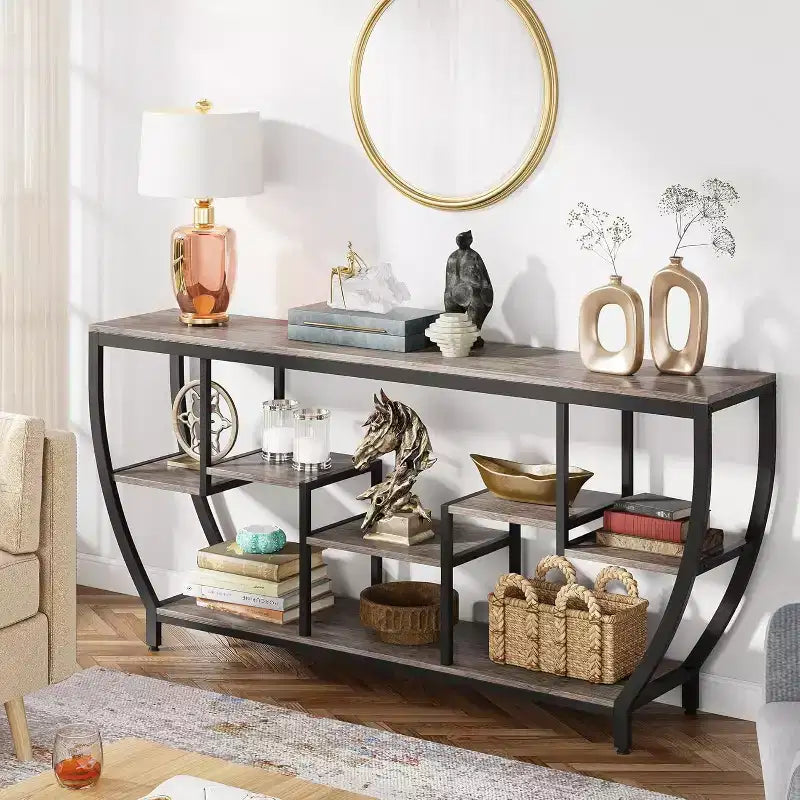 70.9-Inch Rustic Industrial Sofa Table with Shelves, Console Table and TV Stand for Living Room, Hallway, Foyer, Grey