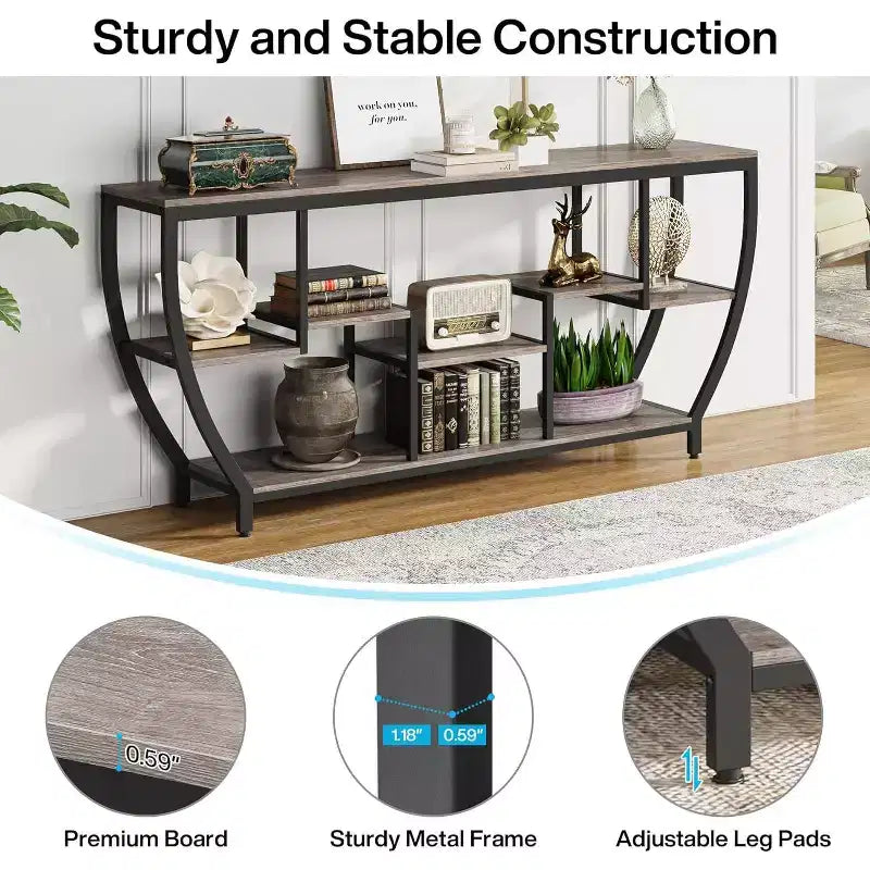 70.9-Inch Rustic Industrial Sofa Table with Shelves, Console Table and TV Stand for Living Room, Hallway, Foyer, Grey