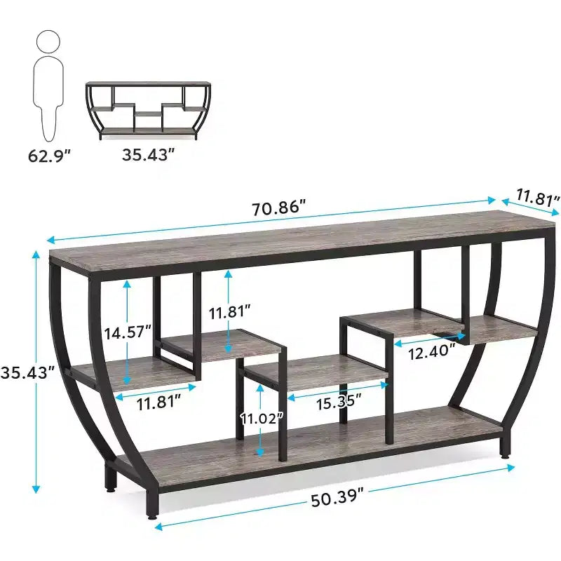 70.9-Inch Rustic Industrial Sofa Table with Shelves, Console Table and TV Stand for Living Room, Hallway, Foyer, Grey