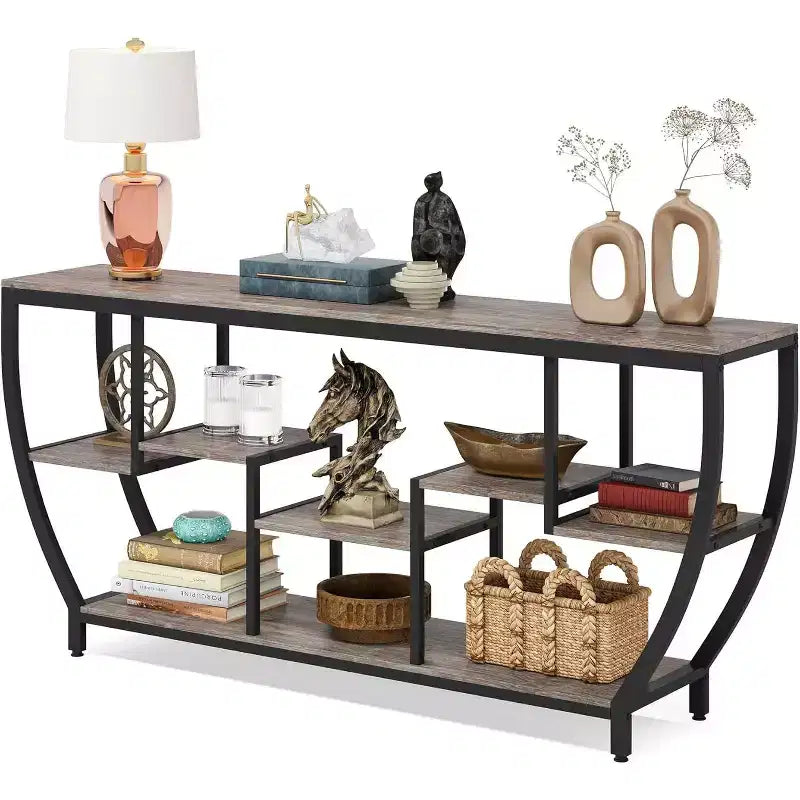 70.9-Inch Rustic Industrial Sofa Table with Shelves, Console Table and TV Stand for Living Room, Hallway, Foyer, Grey