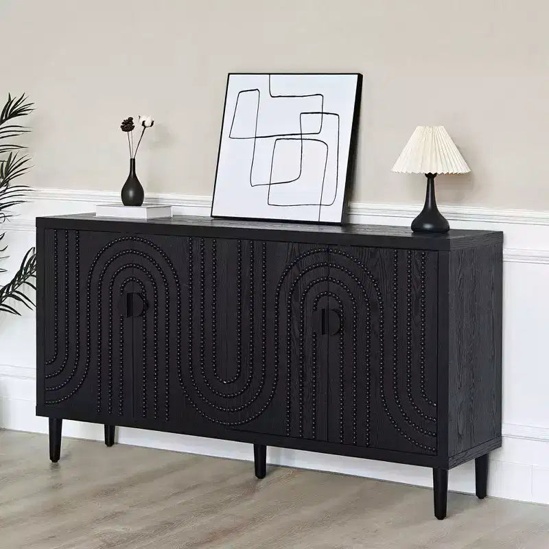 Buffet Accent Cabinet, Antique Black Entryway Table with Storage Wood Credenzas for Living Room Home Bar, 4 Doors & Adjustable Shelves