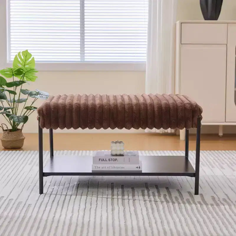 Upholstered Ottoman Coffee Table 30.7, Faux Fur Footstool, Black Metal Legs, Wooden Open Shelf for Living Room, Bedroom, Entry, Hotel