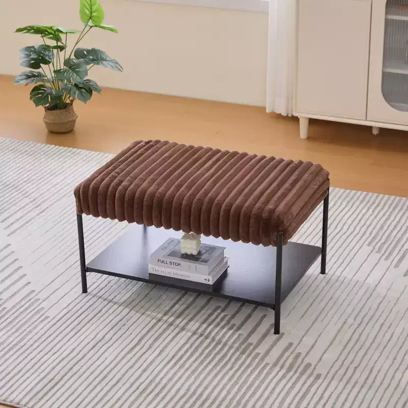 Upholstered Ottoman Coffee Table 30.7, Faux Fur Footstool, Black Metal Legs, Wooden Open Shelf for Living Room, Bedroom, Entry, Hotel