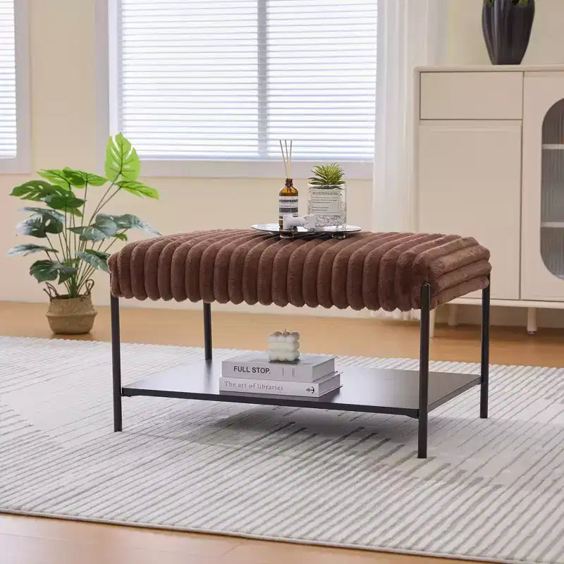 Upholstered Ottoman Coffee Table 30.7, Faux Fur Footstool, Black Metal Legs, Wooden Open Shelf for Living Room, Bedroom, Entry, Hotel