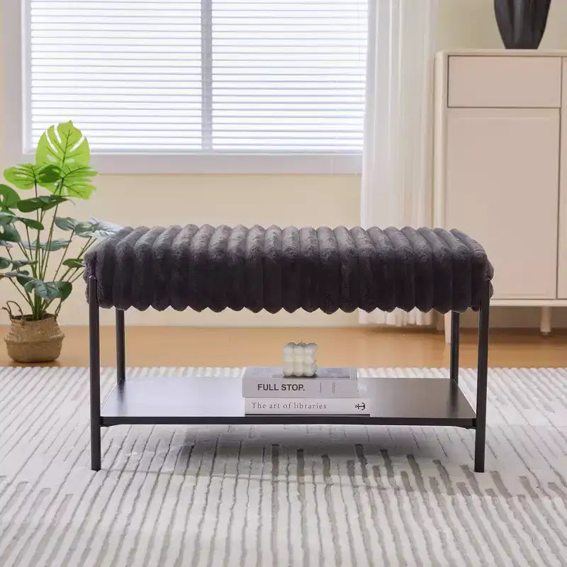 Upholstered Ottoman Coffee Table 30.7, Faux Fur Footstool, Black Metal Legs, Wooden Open Shelf for Living Room, Bedroom, Entry, Hotel