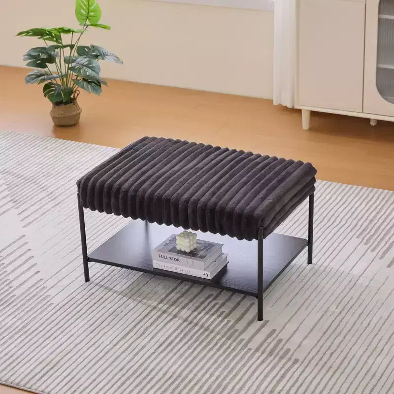 Upholstered Ottoman Coffee Table 30.7, Faux Fur Footstool, Black Metal Legs, Wooden Open Shelf for Living Room, Bedroom, Entry, Hotel