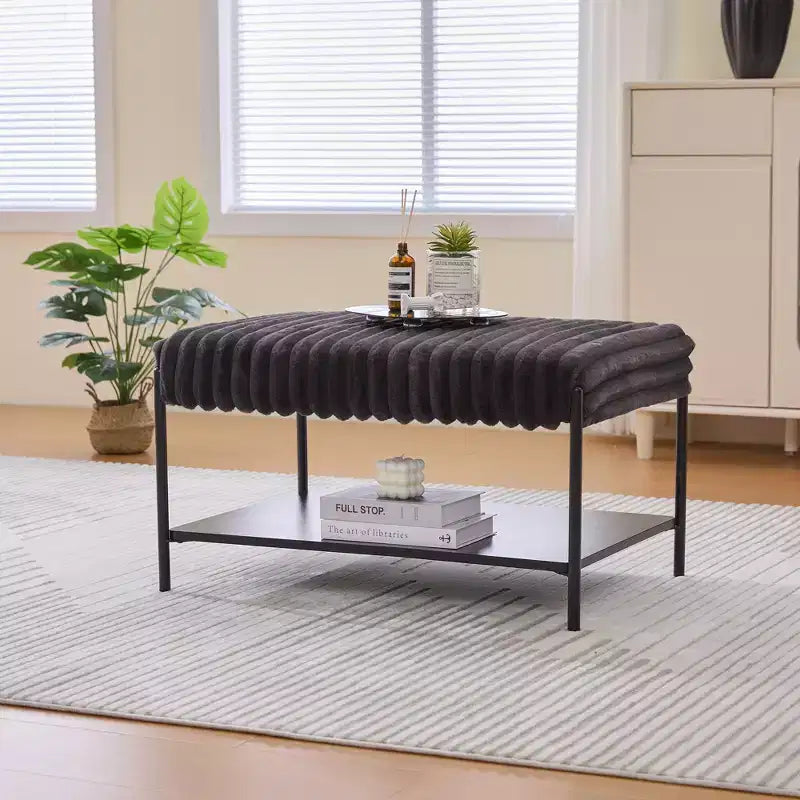 Upholstered Ottoman Coffee Table 30.7, Faux Fur Footstool, Black Metal Legs, Wooden Open Shelf for Living Room, Bedroom, Entry, Hotel
