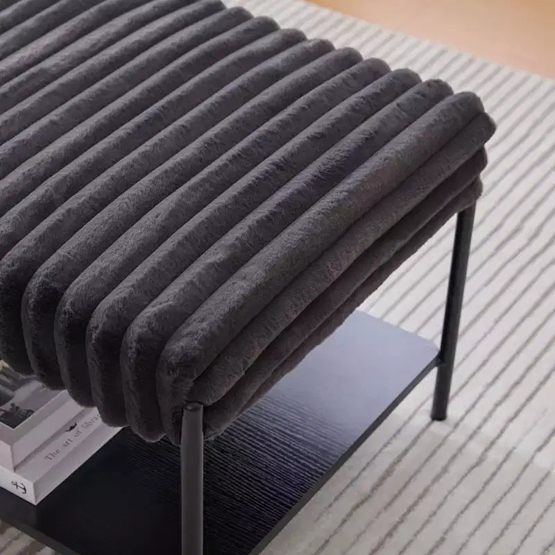 Upholstered Ottoman Coffee Table 30.7, Faux Fur Footstool, Black Metal Legs, Wooden Open Shelf for Living Room, Bedroom, Entry, Hotel