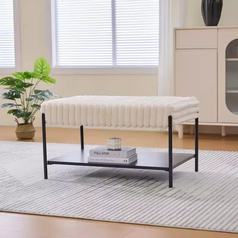 Upholstered Ottoman Coffee Table 30.7, Faux Fur Footstool, Black Metal Legs, Wooden Open Shelf for Living Room, Bedroom, Entry, Hotel