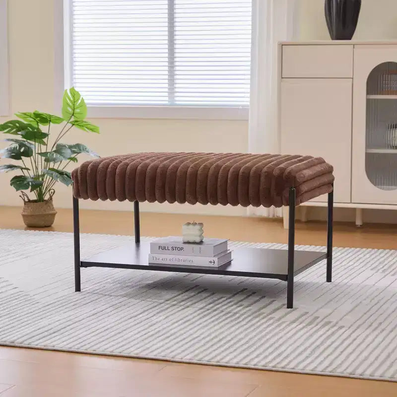 Upholstered Ottoman Coffee Table 30.7, Faux Fur Footstool, Black Metal Legs, Wooden Open Shelf for Living Room, Bedroom, Entry, Hotel