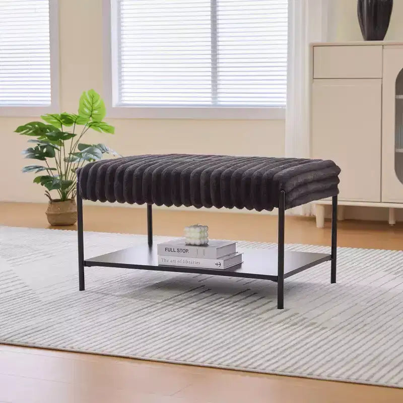 Upholstered Ottoman Coffee Table 30.7, Faux Fur Footstool, Black Metal Legs, Wooden Open Shelf for Living Room, Bedroom, Entry, Hotel
