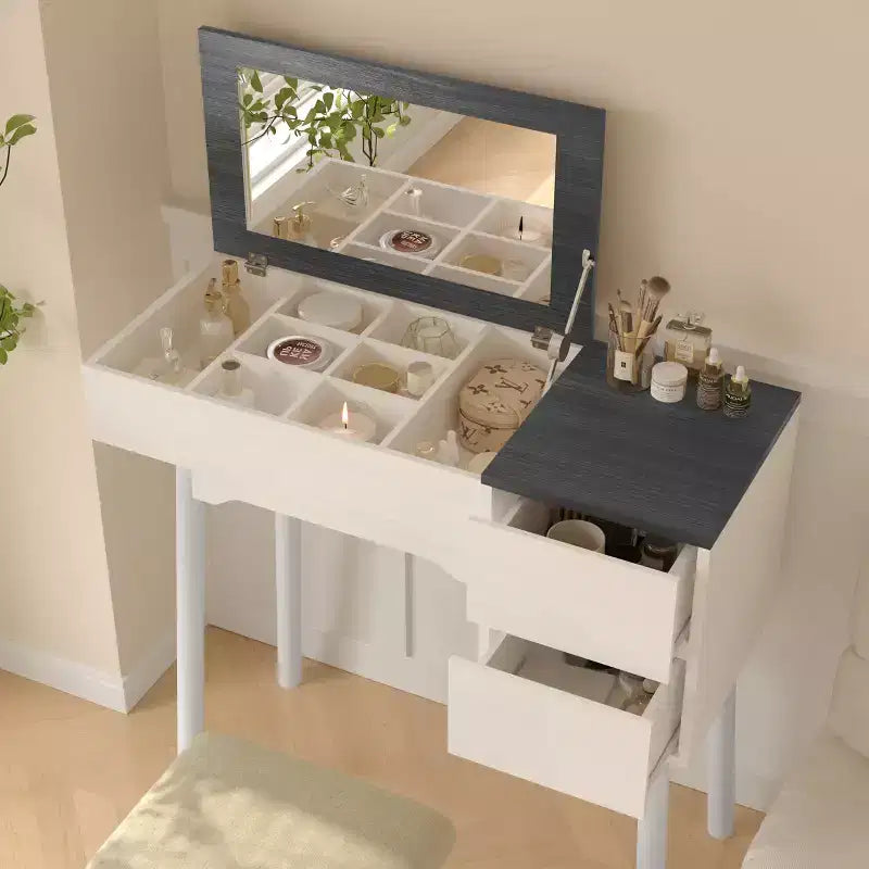 Vanity Desk with Flip Top Mirror and Padding Stool, 2 Drawers & 8 Storage Compartments, Dressing Table, White