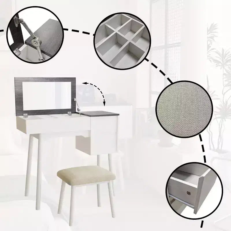 Vanity Desk with Flip Top Mirror and Padding Stool, 2 Drawers & 8 Storage Compartments, Dressing Table, White