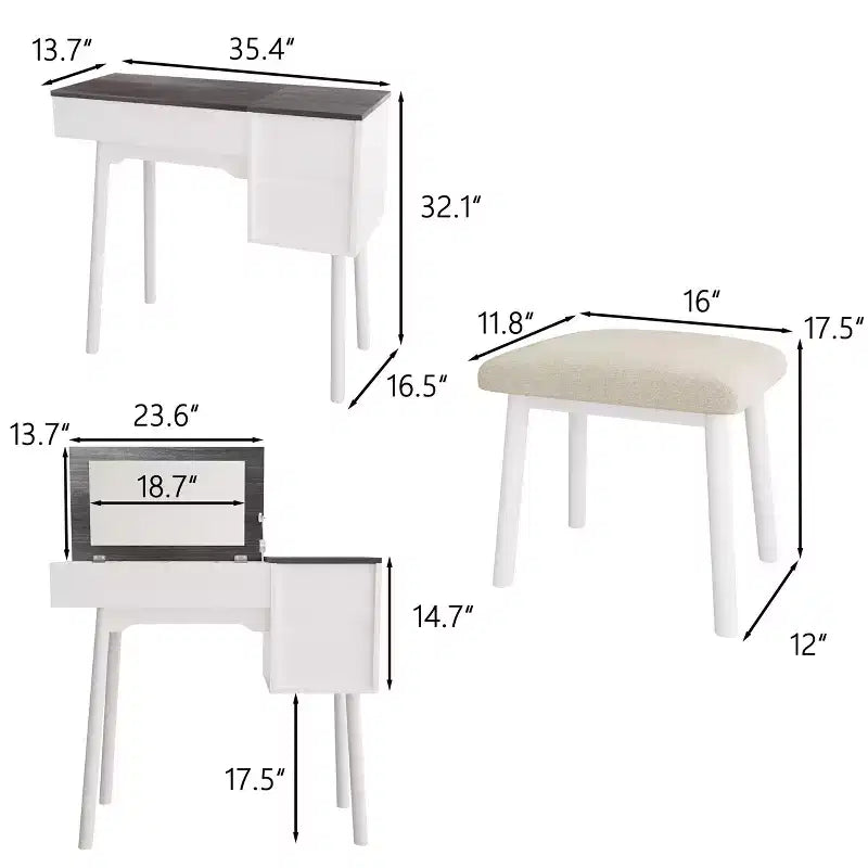 Vanity Desk with Flip Top Mirror and Padding Stool, 2 Drawers & 8 Storage Compartments, Dressing Table, White