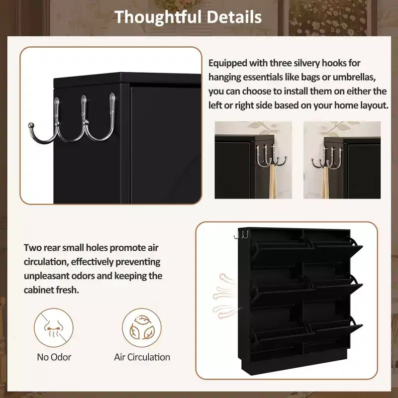 49" 6-Flip-Drawer Narrow Shoe Cabinet, Black MDF Cream-Style Organizer w/ Adjustable Shelves & 3 Silver Hooks