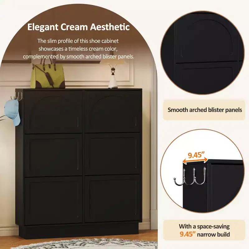 49" 6-Flip-Drawer Narrow Shoe Cabinet, Black MDF Cream-Style Organizer w/ Adjustable Shelves & 3 Silver Hooks