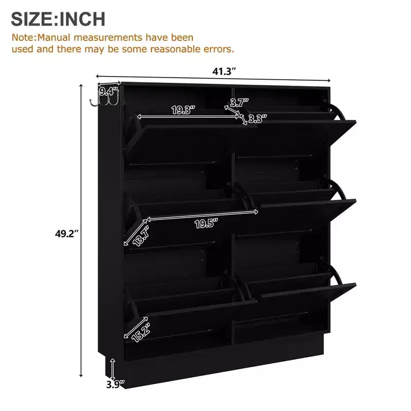 49" 6-Flip-Drawer Narrow Shoe Cabinet, Black MDF Cream-Style Organizer w/ Adjustable Shelves & 3 Silver Hooks