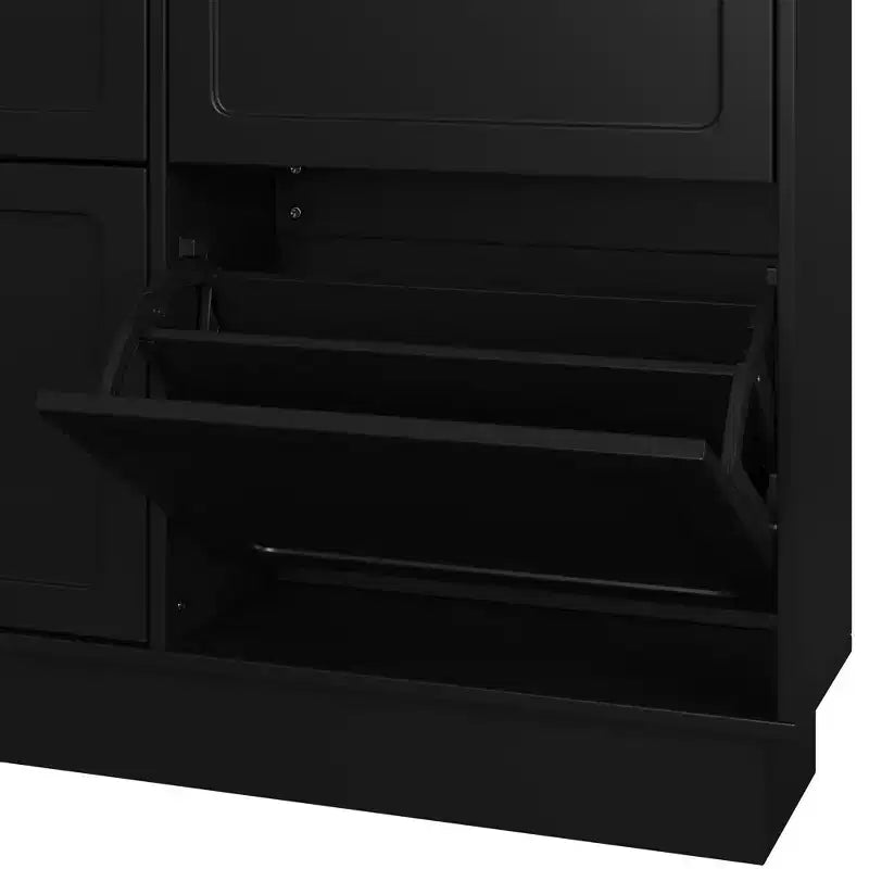 49" 6-Flip-Drawer Narrow Shoe Cabinet, Black MDF Cream-Style Organizer w/ Adjustable Shelves & 3 Silver Hooks