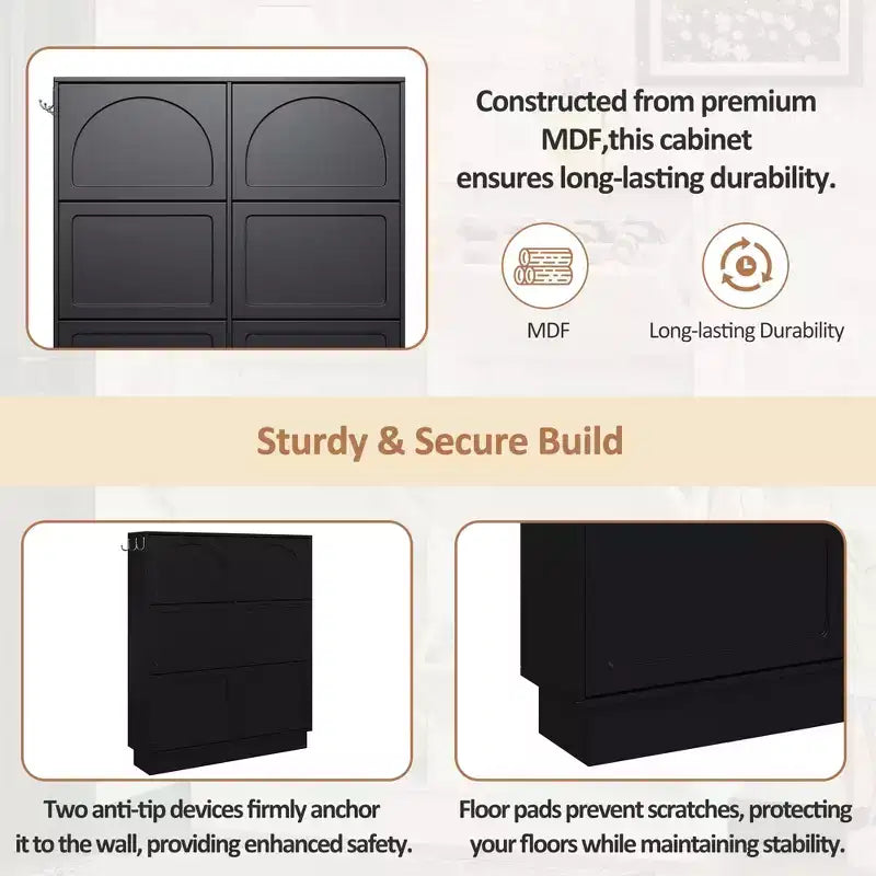 49" 6-Flip-Drawer Narrow Shoe Cabinet, Black MDF Cream-Style Organizer w/ Adjustable Shelves & 3 Silver Hooks
