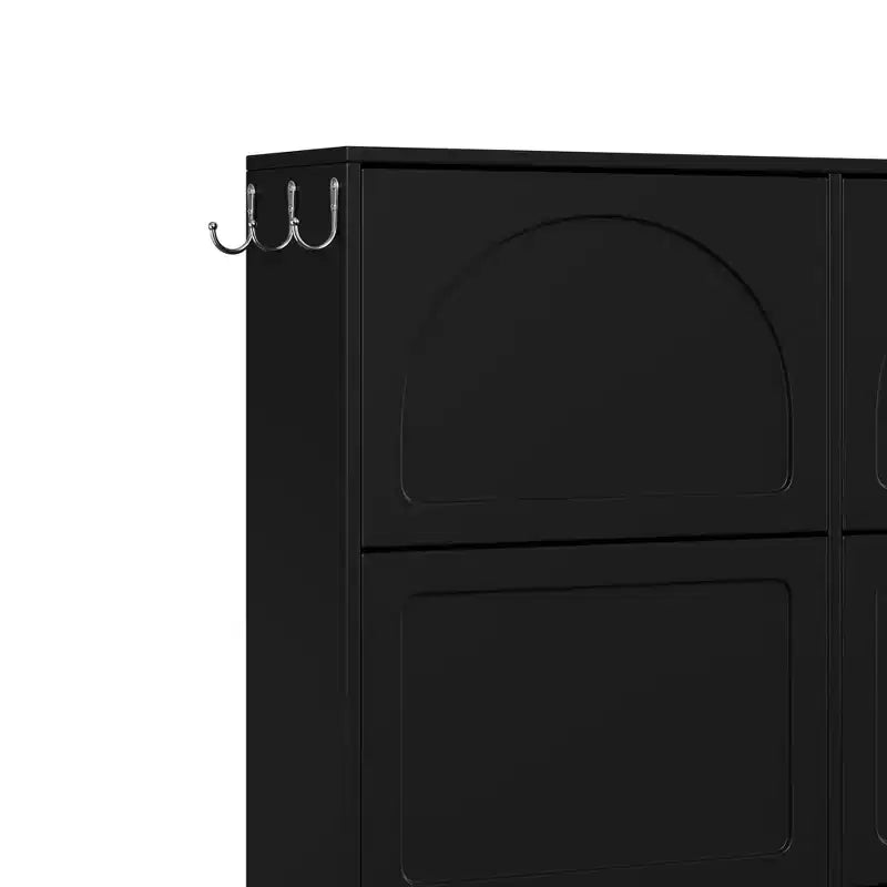 49" 6-Flip-Drawer Narrow Shoe Cabinet, Black MDF Cream-Style Organizer w/ Adjustable Shelves & 3 Silver Hooks