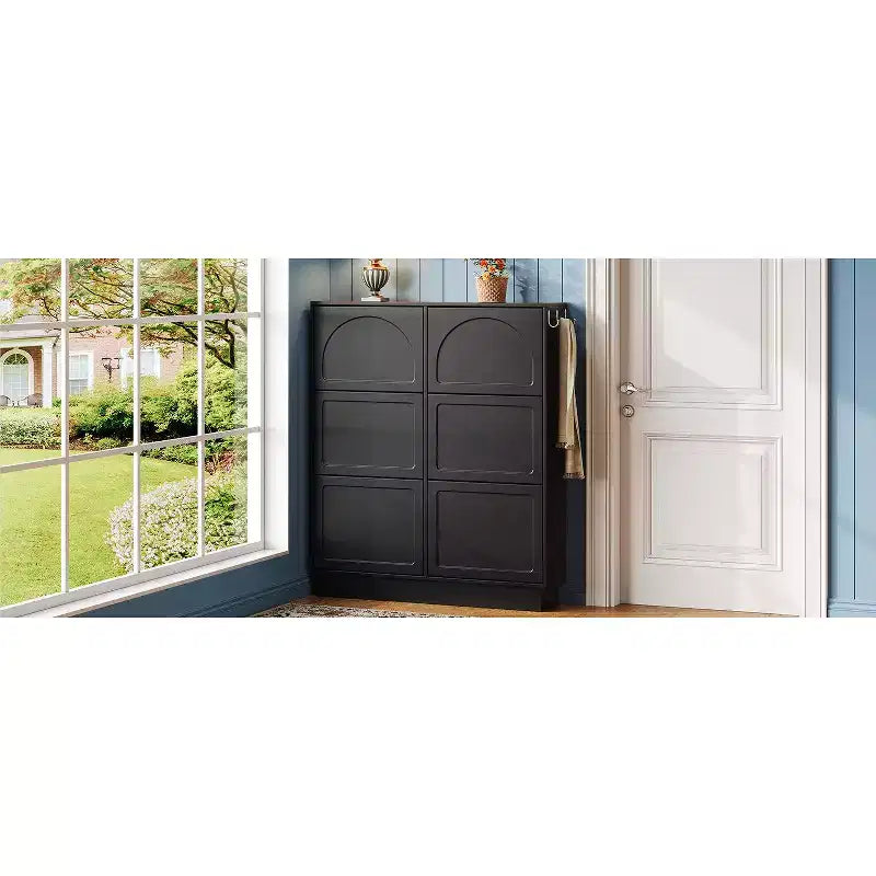 49" 6-Flip-Drawer Narrow Shoe Cabinet, Black MDF Cream-Style Organizer w/ Adjustable Shelves & 3 Silver Hooks