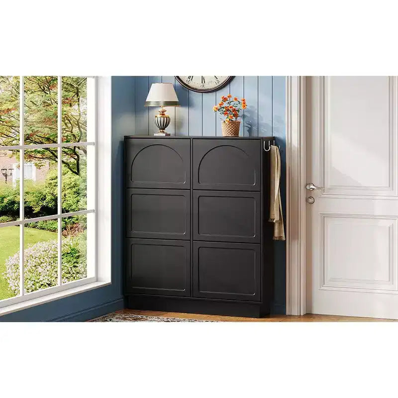 49" 6-Flip-Drawer Narrow Shoe Cabinet, Black MDF Cream-Style Organizer w/ Adjustable Shelves & 3 Silver Hooks