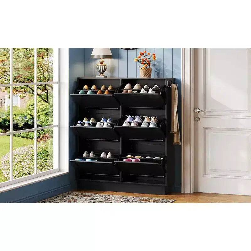 49" 6-Flip-Drawer Narrow Shoe Cabinet, Black MDF Cream-Style Organizer w/ Adjustable Shelves & 3 Silver Hooks
