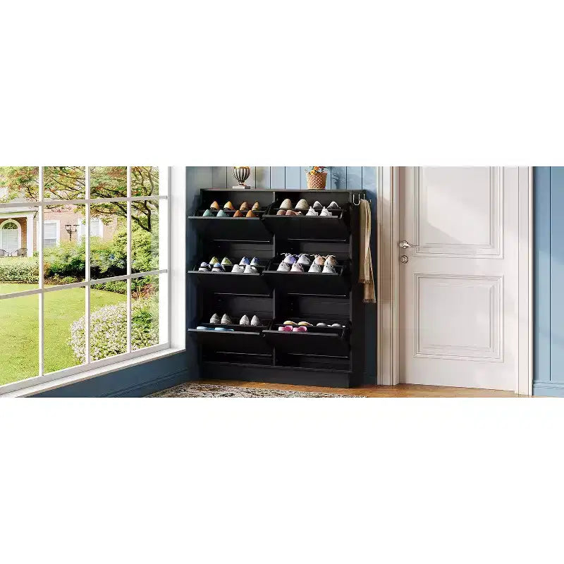 49" 6-Flip-Drawer Narrow Shoe Cabinet, Black MDF Cream-Style Organizer w/ Adjustable Shelves & 3 Silver Hooks