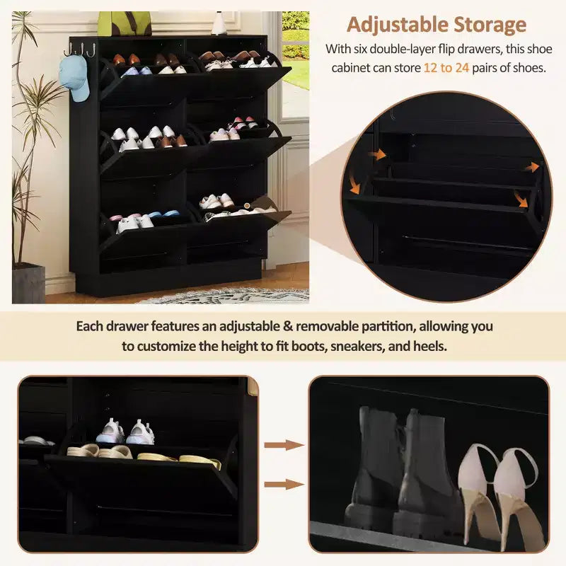 49" 6-Flip-Drawer Narrow Shoe Cabinet, Black MDF Cream-Style Organizer w/ Adjustable Shelves & 3 Silver Hooks