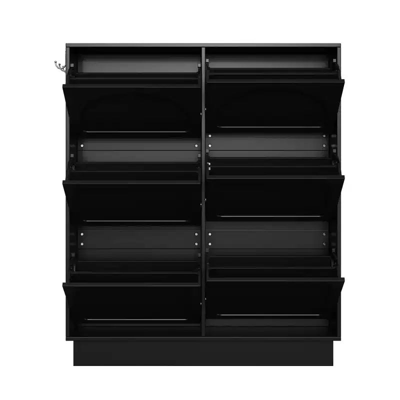 49" 6-Flip-Drawer Narrow Shoe Cabinet, Black MDF Cream-Style Organizer w/ Adjustable Shelves & 3 Silver Hooks