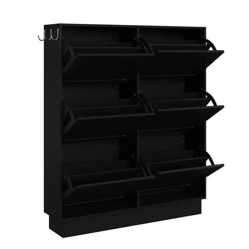 49" 6-Flip-Drawer Narrow Shoe Cabinet, Black MDF Cream-Style Organizer w/ Adjustable Shelves & 3 Silver Hooks