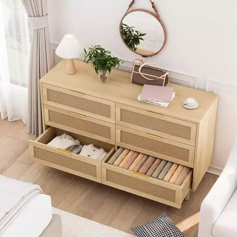 51.18" 6-Drawer Rattan Storage Cabinet for Bedroom, Living Room, Natural