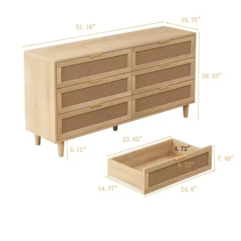 51.18" 6-Drawer Rattan Storage Cabinet for Bedroom, Living Room, Natural